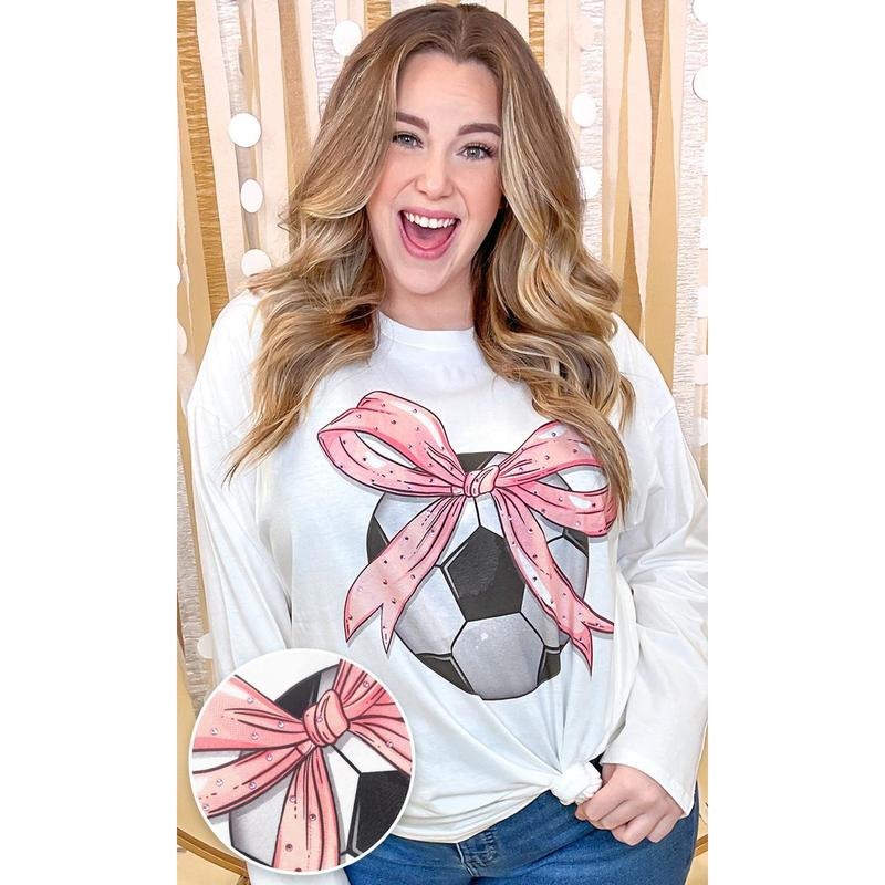 Soccer Pink Bow Rhinestone Graphic Long Sleeve Shirt Hoodie, Sweatshirt | GrindPrints.com