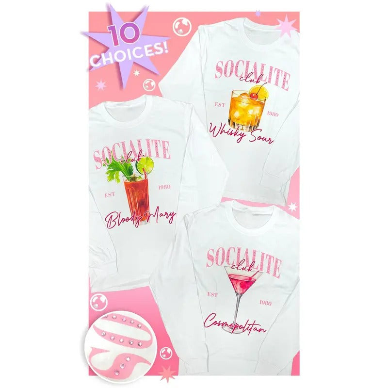 Socialite Drink Club Rhinestone Graphic Long Sleeve T-Shirt Hoodie, Sweatshirt | GrindPrints.com