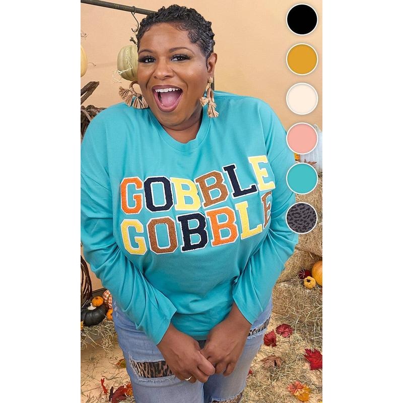 Soft Chenille Gobble Gobble Graphic Boyfriend Long Sleeve T-Shirt Hoodie, Sweatshirt | GrindPrints.com