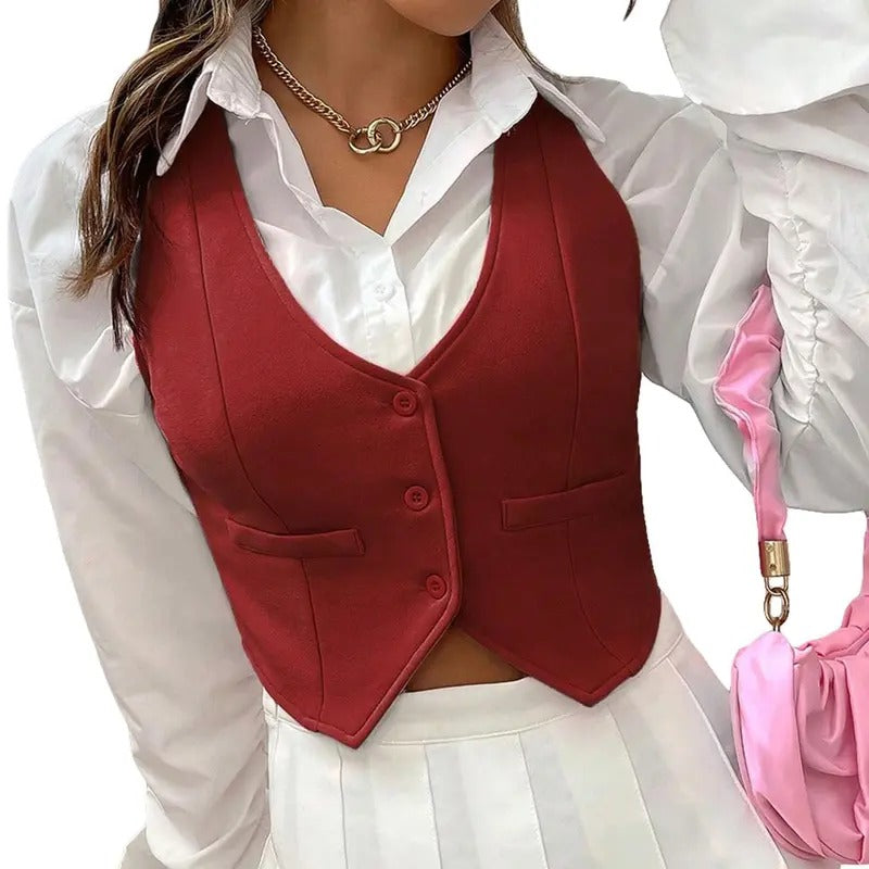 Solid Button Front Crop Waistcoat V Neck Sleeveless Blazers T-Shirts, Hoodie, Sweatshirt | GrindPrints.com