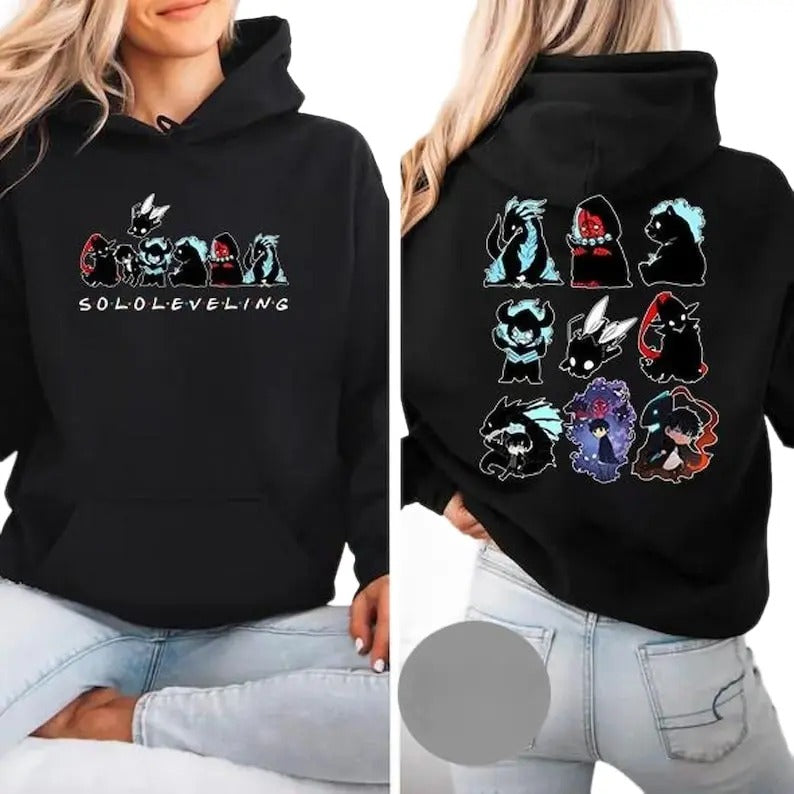 Solo Leveling Chibi Graphic Hoodie Double-sided, Anime Manga Graphic Pullover Hoodie Cotton T-Shirts, Sweatshirt