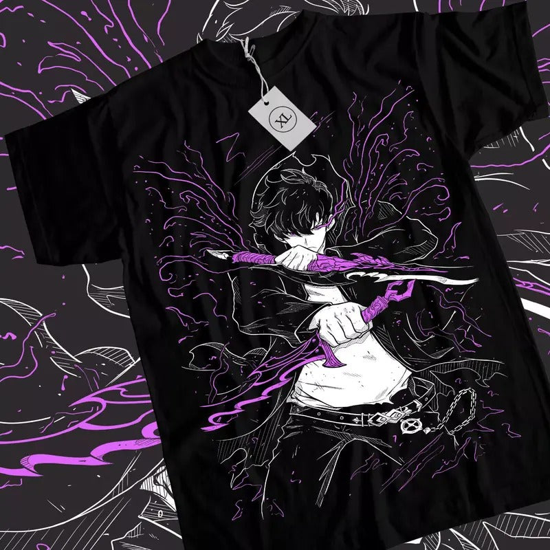 Solo Leveling T-Shirt Sung Jinwoo New Anime Manga Black Shirt Tee All Size Hoodie, Sweatshirt | GrindPrints.com