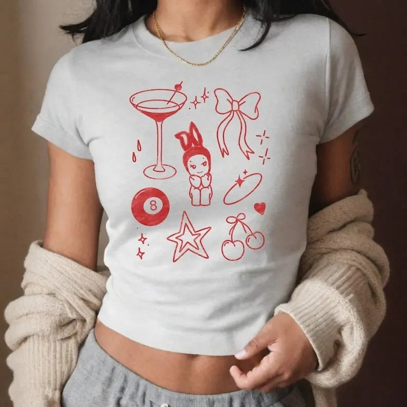 Sonny Angel Baby Tee coquette bow cherry cropped tee vintage graphic baby tees streetwear women street style print...