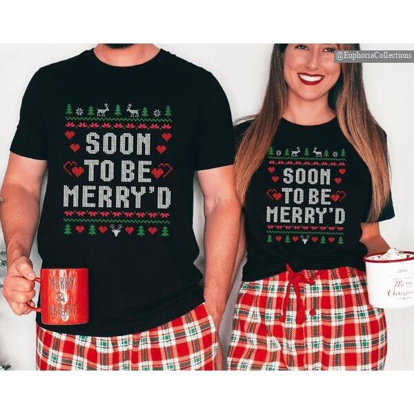 Soon To Be Merry'd Christmas Tee, Sweater, Hoodie, Engaged Matching Couple Bachelorette Bridal Gift Engagement News ,...