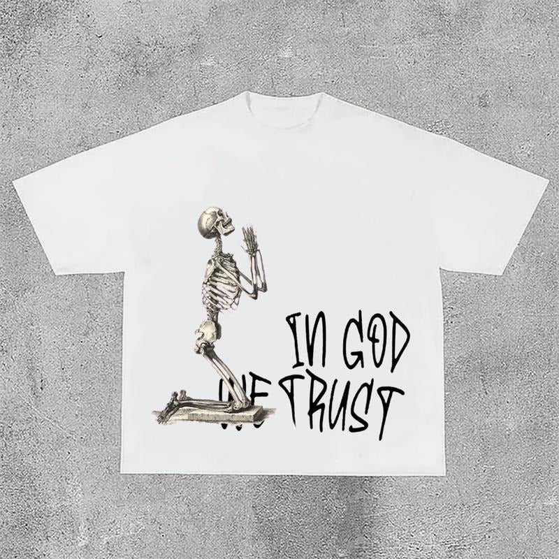 Sopula In God We Trust Letters Skull Print Short Sleeve T-Shirt Hoodie, Sweatshirt | GrindPrints.com