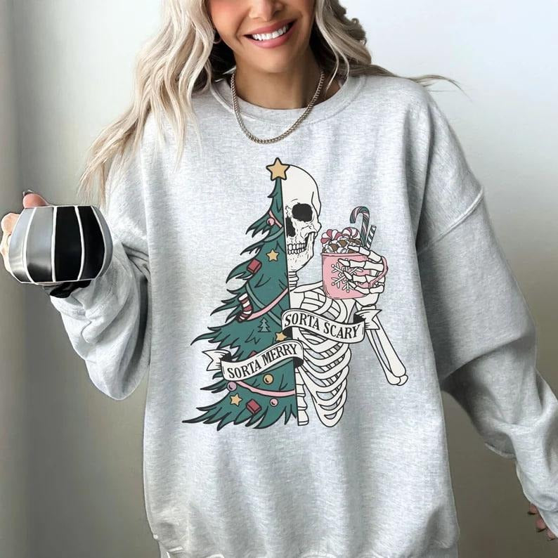 Sorta Merry Sorta Scary Crewneck Sweatshirt, Skeleton Christmas Sweater, Festive Holiday Sweatshirt, Funny Xmas Shirt,...