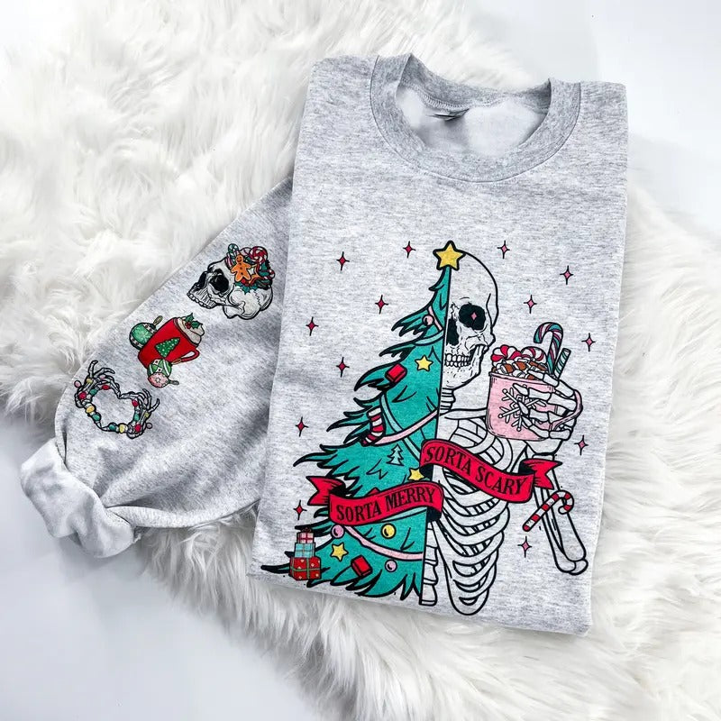 Sorta Merry Sorta Scary Skeleton Sleeve Print Comfy Sublimation Tops T-Shirts, Hoodie, Sweatshirt