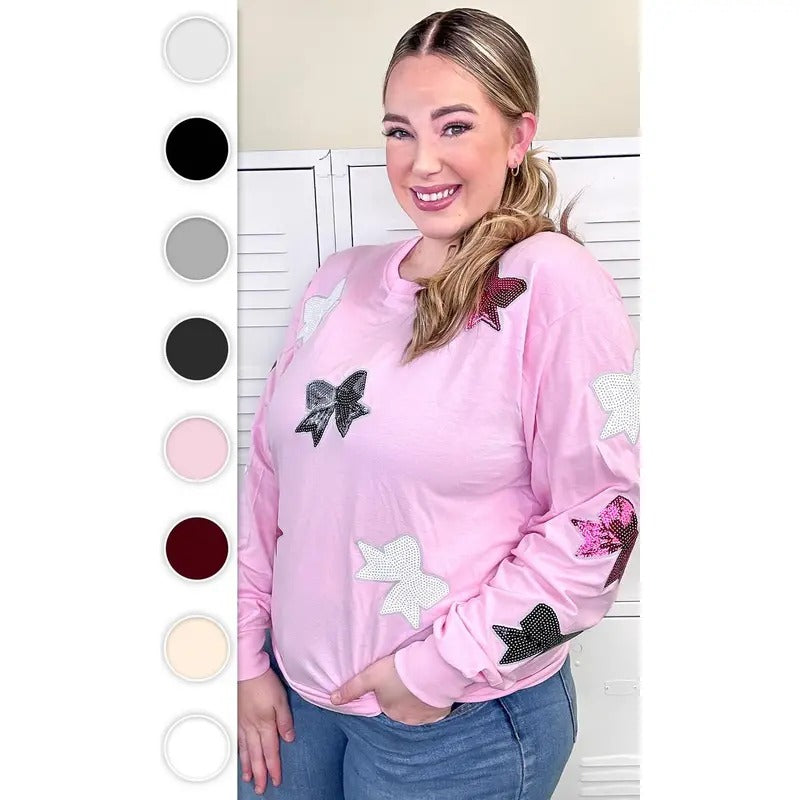 Sparkle Sequin Bow Graphic Long Sleeve T-Shirt Hoodie, Sweatshirt | GrindPrints.com