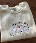 Spooky Ghost Cat Embroidered Crewneck Sweatshirt Long Sleeve Casual Menswear Halloween Top T-Shirts, Hoodie | GrindPrints.com