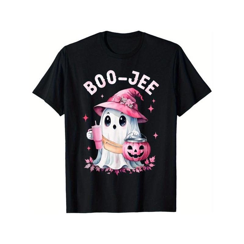 Spooky Ghost Pumpkin Tee - Soft Pink Halloween Costume Shirt for Men Women- Boujee Boo Jee Design, Unsex Short Sleeve,...