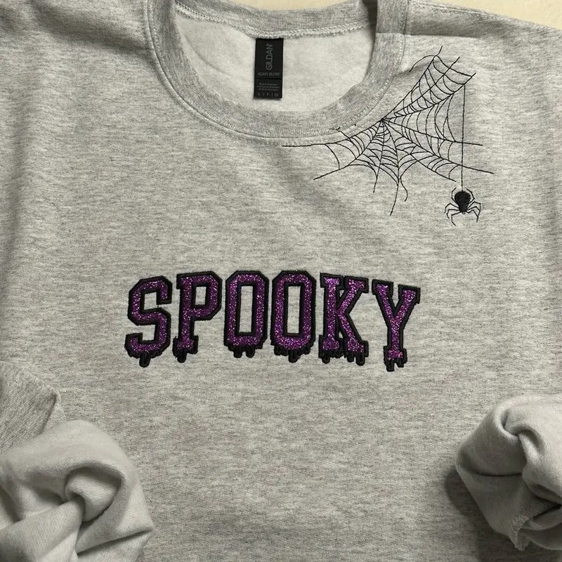 Spooky Glitter and spider web Embroidered Crewneck Sweatshirt T-Shirts, Hoodie | GrindPrints.com