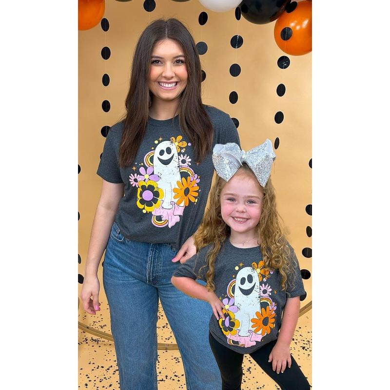 Spooky Groovy Vibes Graphic T-Shirt - Distressed Halloween Ghost Tee - Black Heather Hoodie, Sweatshirt | GrindPrints.com