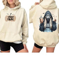 Spooky Mama Hoodie, Holding Iced Coffee Graphic Hoodie, Fun Halloween Horror Apparel, Trendy Fall Season Style, Unisex...