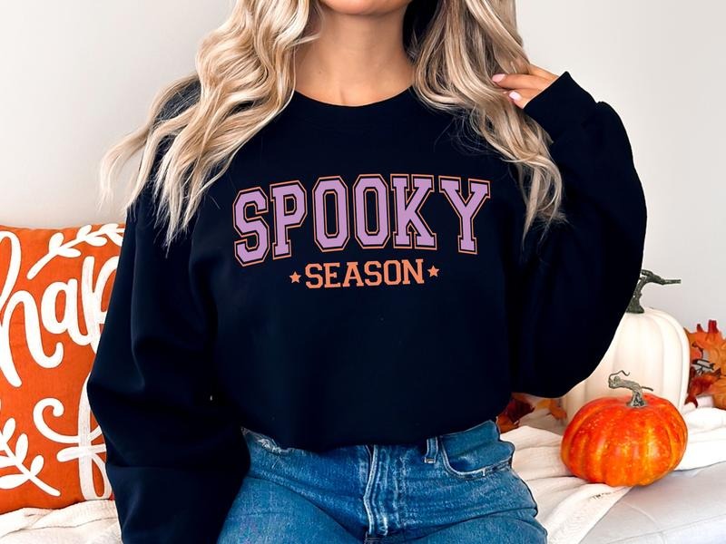 Spooky Season Halloween Sweatshirt in Navy Blue with Orange & Pink Varsity Lettering T-Shirts, Hoodie | GrindPrints.com