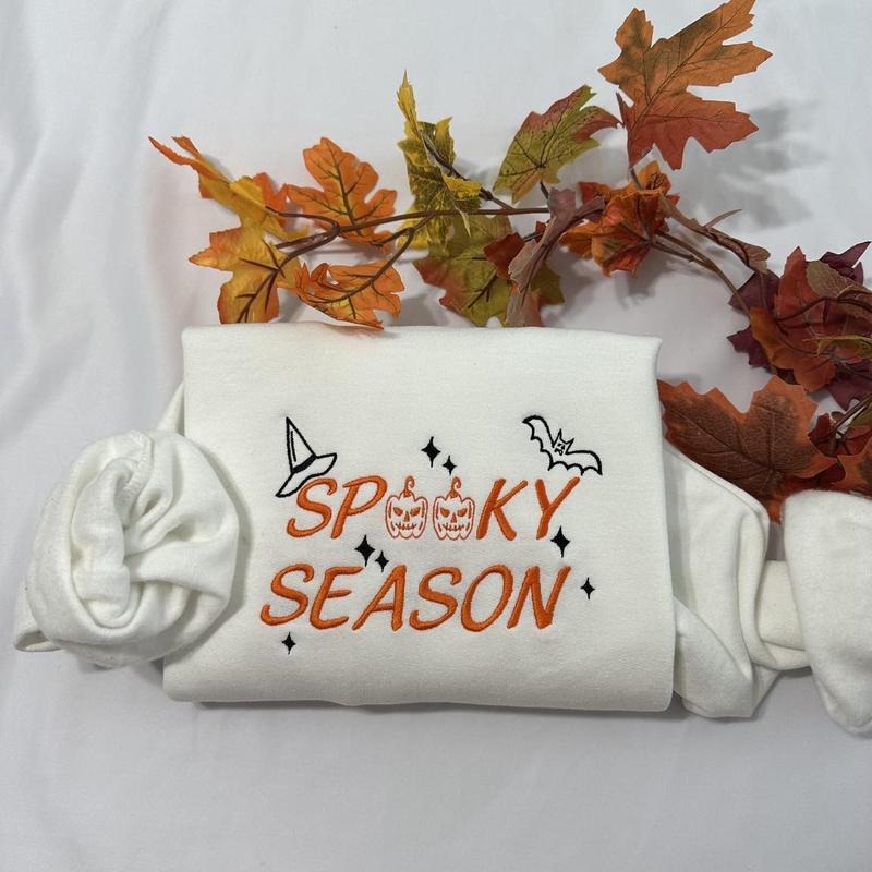 Spooky Season embroidered crewneck, Halloween embroidered crewneck, Pumpkin Embroidered sweatshirt Cotton Casual...
