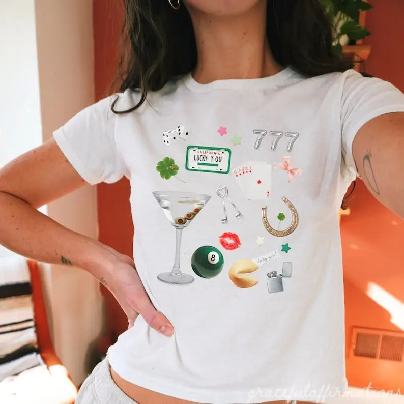 St Patricks Day Baby Tee, Y2k Graphic Baby Tee, Girlhood Collage, Coquette shirt, Lucky Shirt, 90s Baby Tee, Lucky Girl...