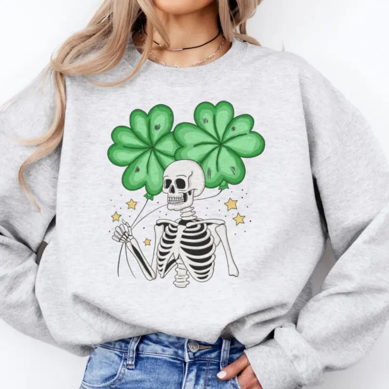 St. Patricks Day Skeleton Clover Graphic Sweatshirt Clover Skeleton St. Pattys Pullover Skull Sweatshirt Casual Womens...
