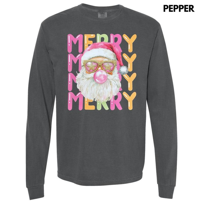 Stacked Merry Retro Santa Long Sleeve Comfort Colors T-Shirt Hoodie, Sweatshirt | GrindPrints.com