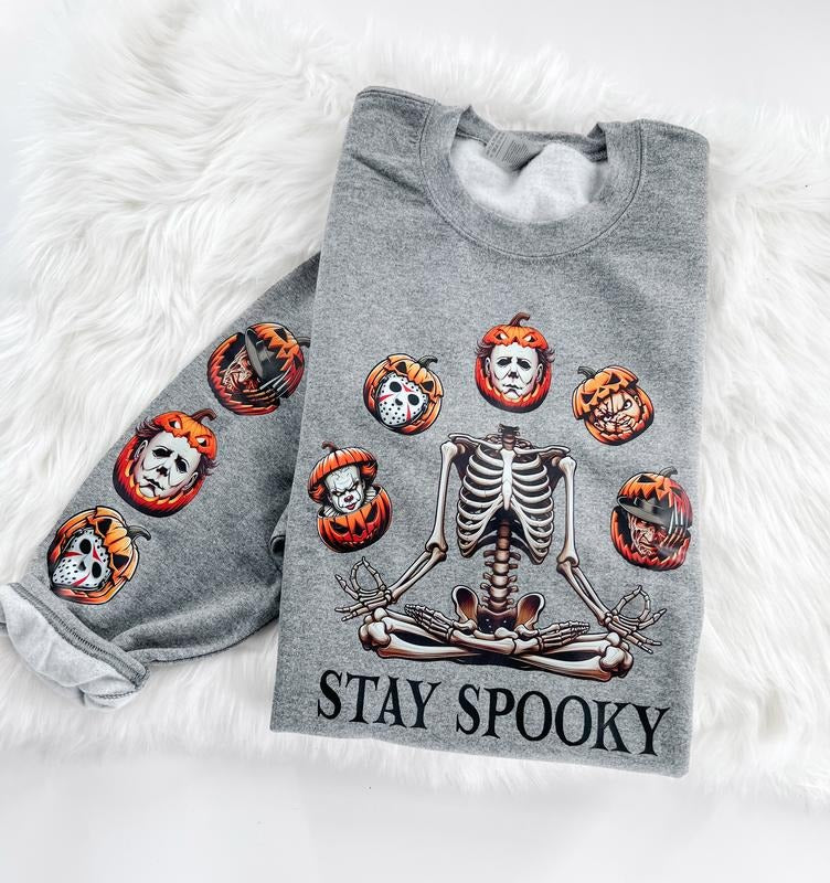 Stay Spooky Halloween Horror Skeleton Sweatshirt or Hoodie with sleeve prints Comfy Unisex Tops T-Shirts | GrindPrints.com