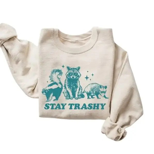 Stay Trashy Funny Meme Graphic T-Shirt, Retro  Raccoon Sweatshirt, Vintage Raccoon Opossum Skunk Shirt Casual Cotton...