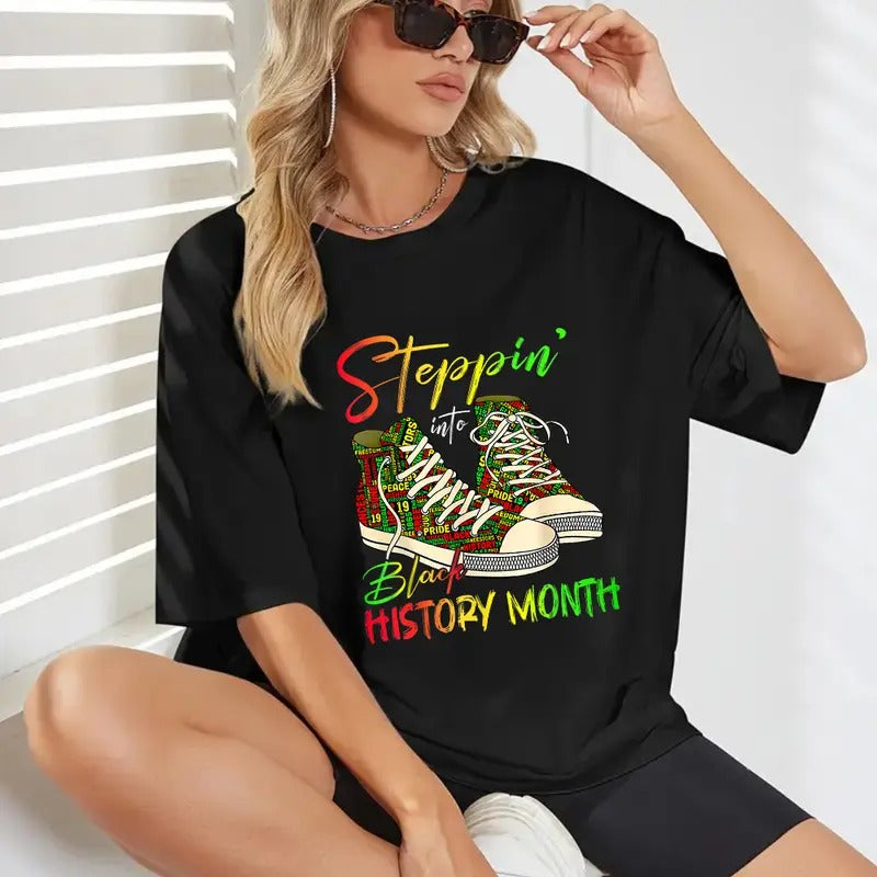 Stepping Into Black History Month Shirt Casual Style Crew Neck Short Sleeve T-Shirt Tops Trendy for Unisex, Perfect Gift...
