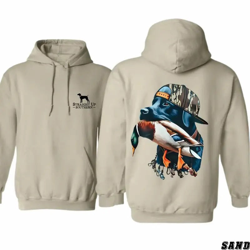 Straight Up Southern Hoodie - Bold Black Hunting Dog with Duck Graphic Hoodie, Perfect for Outdoorsmen and Waterfowl...