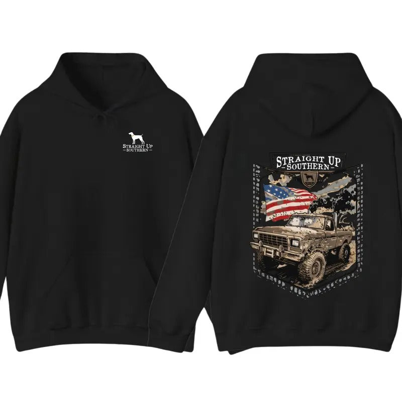 Straight Up Southern Hoodie Sweatshirt T shirt - Rugged Off-Road Truck Design with American Flag, country boy clothing,...