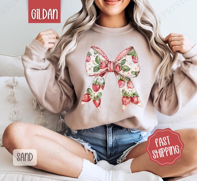 Strawberry Bow Sweatshirt, Cute Fruit Sweater, Girly Aesthetic Crewneck T-Shirts, Hoodie | GrindPrints.com