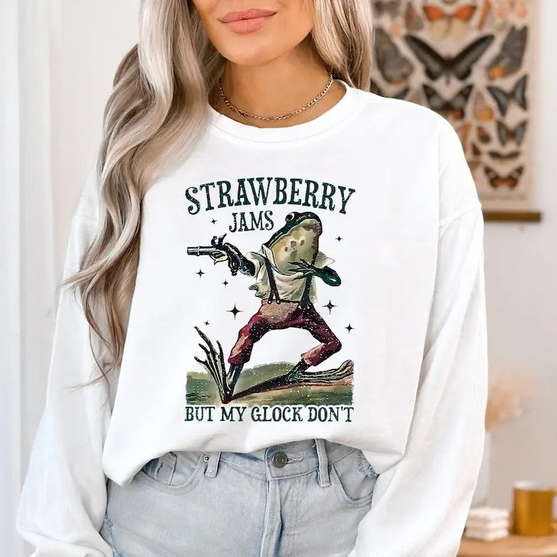 Strawberry Jams But My Glock Don't Shirt, Western Frog Graphic Tee, Gun Tee, Strawberry Jam Sweatshirt, Western...