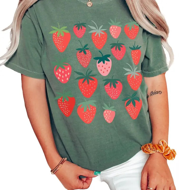 Strawberry Shirt, Cottagecore Clothing, Boho Clothing, Kawaii Fruit Shirt, Botanical Shirt, Aesthetic Clothes Cottage...