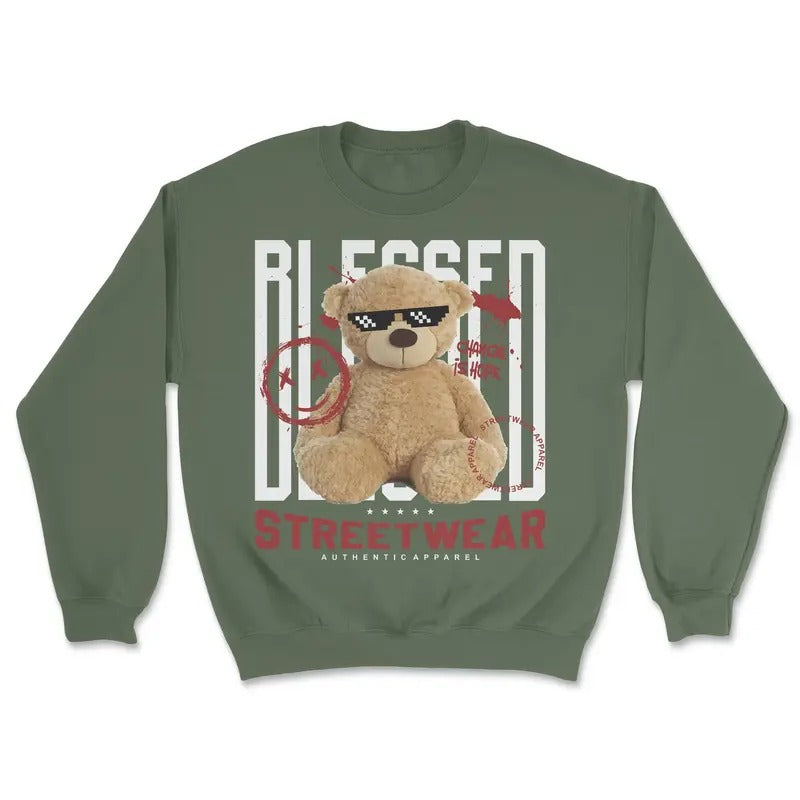 Streetwear Blessed Bear Sweatshirt - Comfortable 100% Cotton - Graphic Sweatshirt  Menswear T-Shirts, Hoodie
