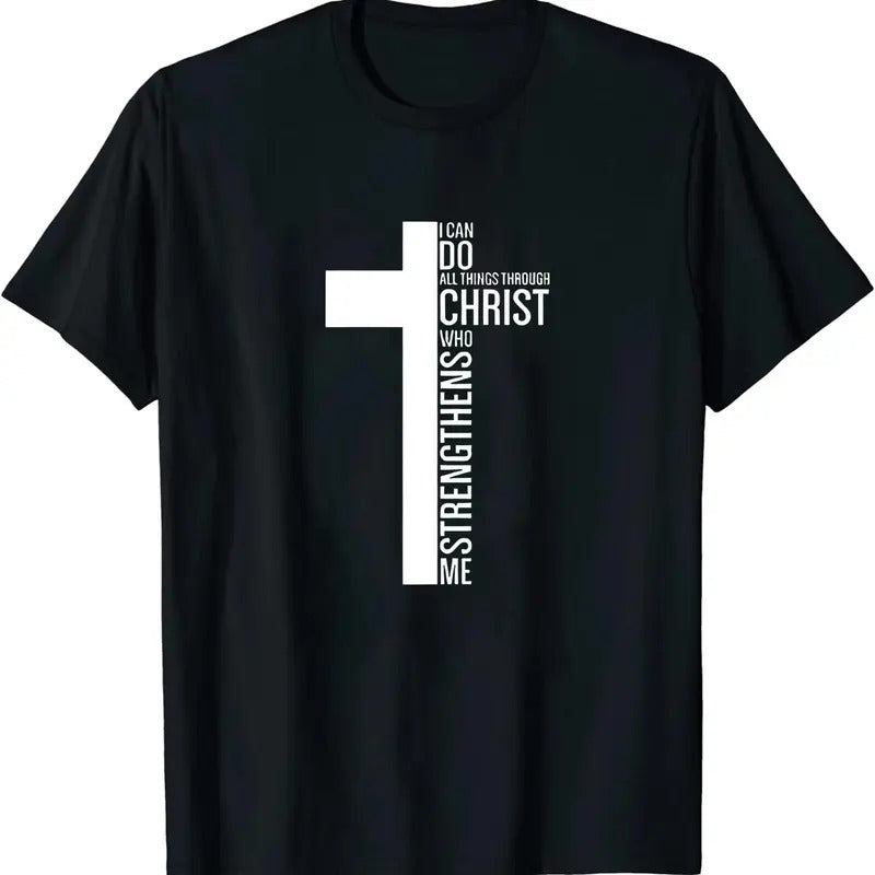 Strengthens Me Cross T-Shirt Cotton Tee Earthy Black Women Outfits Hoodie, Sweatshirt | GrindPrints.com