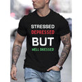 Stressed & Depressed" Men's T-Shirt - Casual Crew Neck, Short Sleeve, Breathable Cotton, Geometric Print, Machine Washable