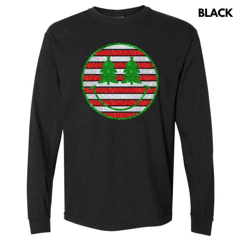 Striped Christmas FAKE Glitter Happy Face Long Sleeve Comfort Colors T-Shirt 'NLB' Hoodie, Sweatshirt | GrindPrints.com