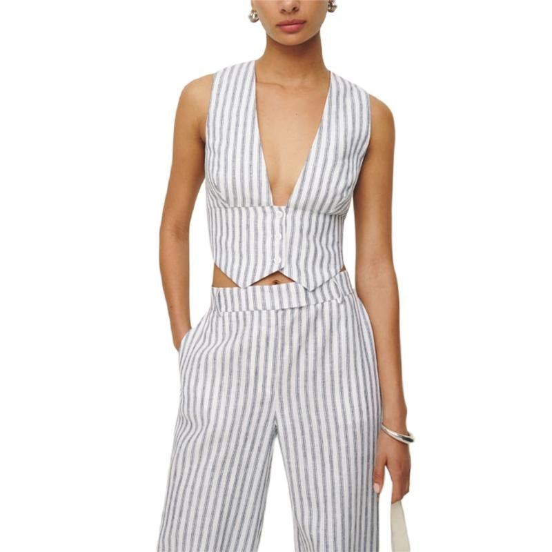Women Vest, Sleeveless Solid/Stripes Button-up Vest Summer Gilet for Party Street Womenswear Check T-Shirts, Hoodie,...