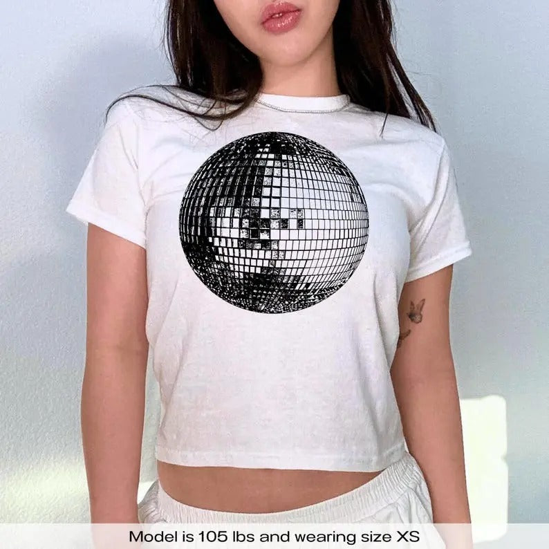 Studio 54 Retro Disco Ball, Y2k Baby Tee, Trendy Baby Tee Collar Fit Hoodie, Sweatshirt | GrindPrints.com