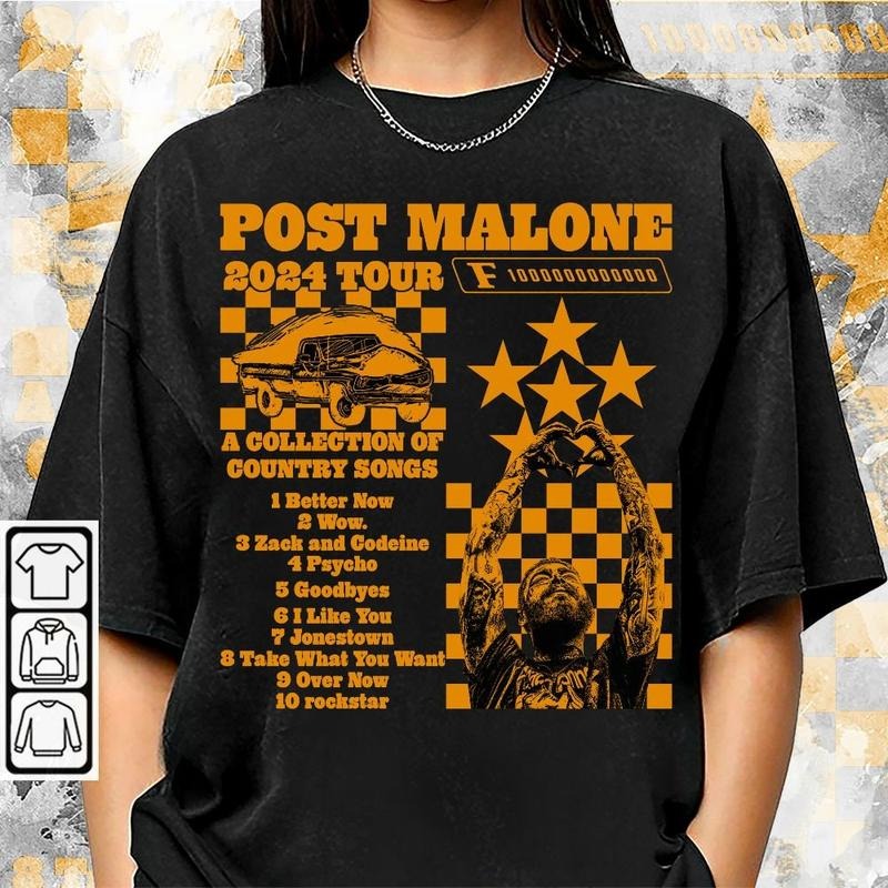 Style Post Malone Tour Music Shirt, A Collection Of Country Song List, Post Malone Concert 2024 For Fan Unisex Shirt,...