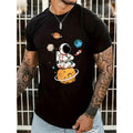 Stylish Cartoon Astronaut & Planet Graphic Tee - Men's Casual Street Style Stretch Round Neck T-Shirt for Summer
