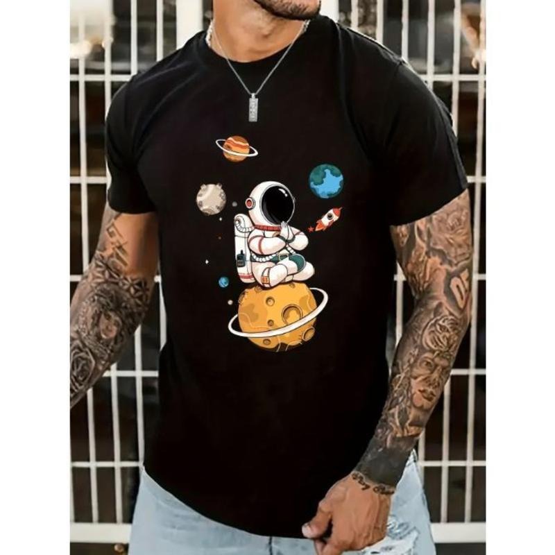 Stylish Cartoon Astronaut & Planet Graphic Tee - Men's Casual Street Style Stretch Round Neck T-Shirt for Summer