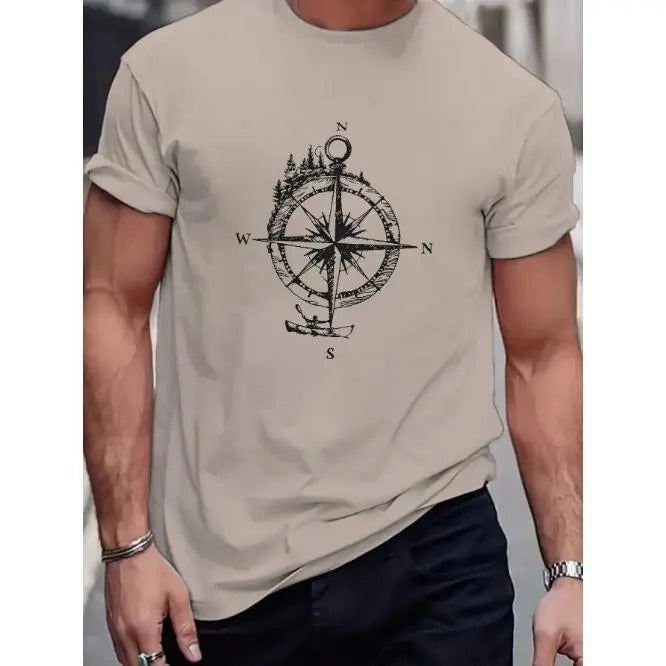 Stylish Compass Print Tee - Men's Casual Short Sleeve T-Shirts for Summer
