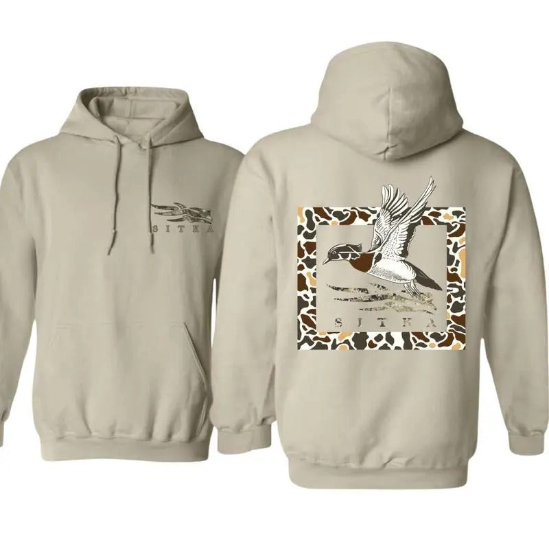 Stylish Sitka Hunting Hoodie with Flying Duck in Camo Pattern, Perfect for Outdoor Enthusiasts and Trendy Casual Wear,...