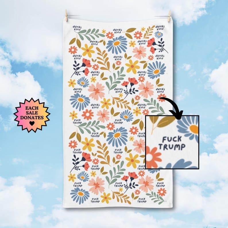 Subtle F*ck Trump Hand Towel, Funny Political Home Decor, Flower Kitchen Towel, Retro Floral Home Decor, Liberal Gag...