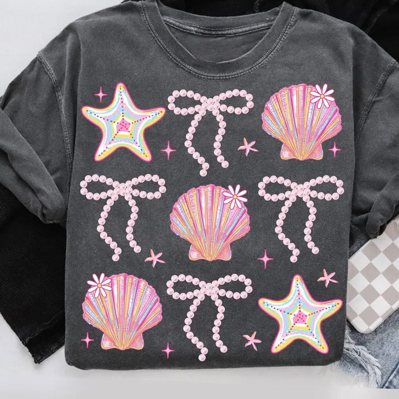 Summer Clam Coquette Shirt for Women Pink Bow Beach Vibes Retro Aesthetic Hoodie, Sweatshirt | GrindPrints.com