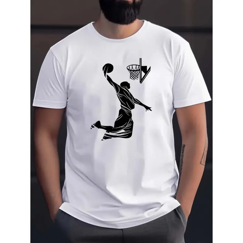 Basketball Dunk Jump Silhouette Print Short Sleeved T-shirt, Casual Comfy Versatile Tee Top, Men's Leisure Everyday...