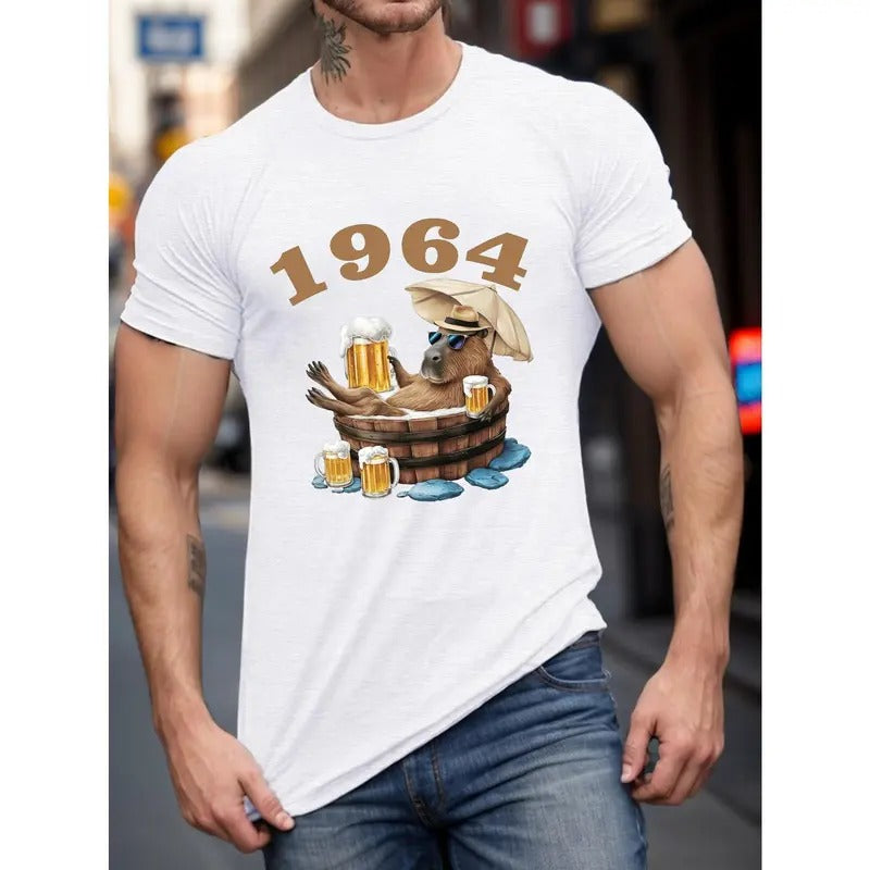 Beer Capybara Print Short Sleeved T-shirt, Casual Comfy Versatile Tee Top, Men's Leisure Everyday Spring/Summer Clothing...
