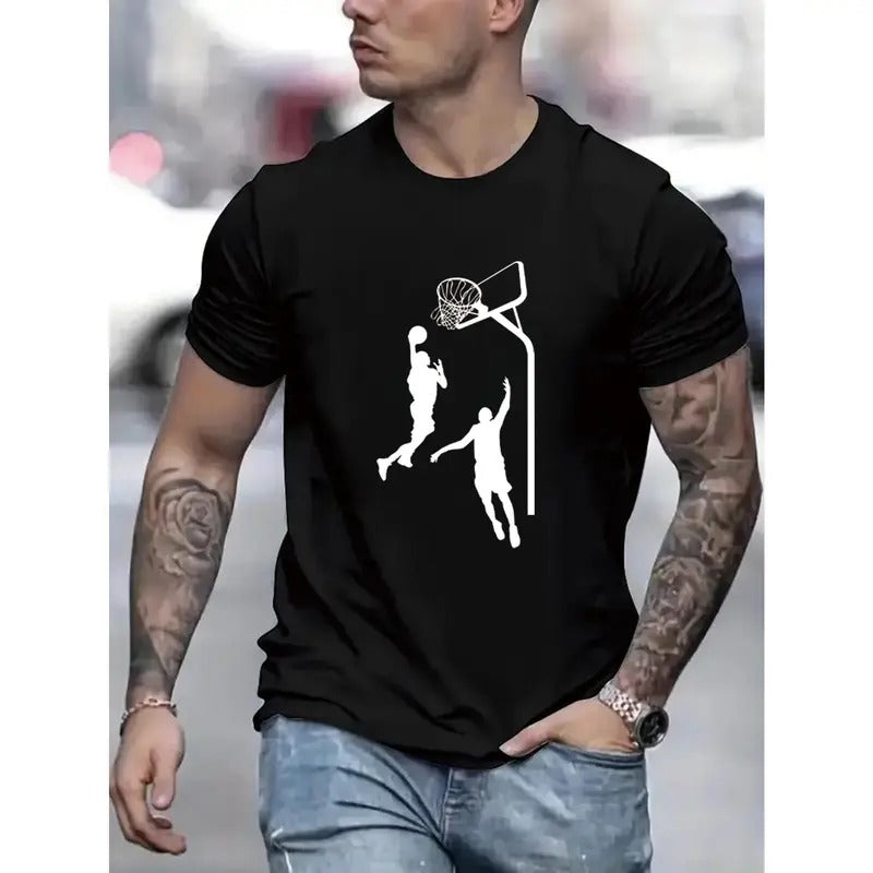Basketball Jumping Silhouettes Print Short Sleeved T-shirt, Casual Comfy Versatile Tee Top, Men's Everyday Spring/Summer...