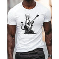 Cat Rock Electric Guitar Print Short Sleeved T-shirt, Casual Comfy Versatile Tee Top, Men's Everyday Spring/Summer...
