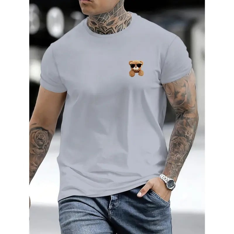 Summer Street Style: Men's Casual Round Neck T-shirt with Teddy Bear Print Menswear Top Hoodie, Sweatshirt | GrindPrints.com