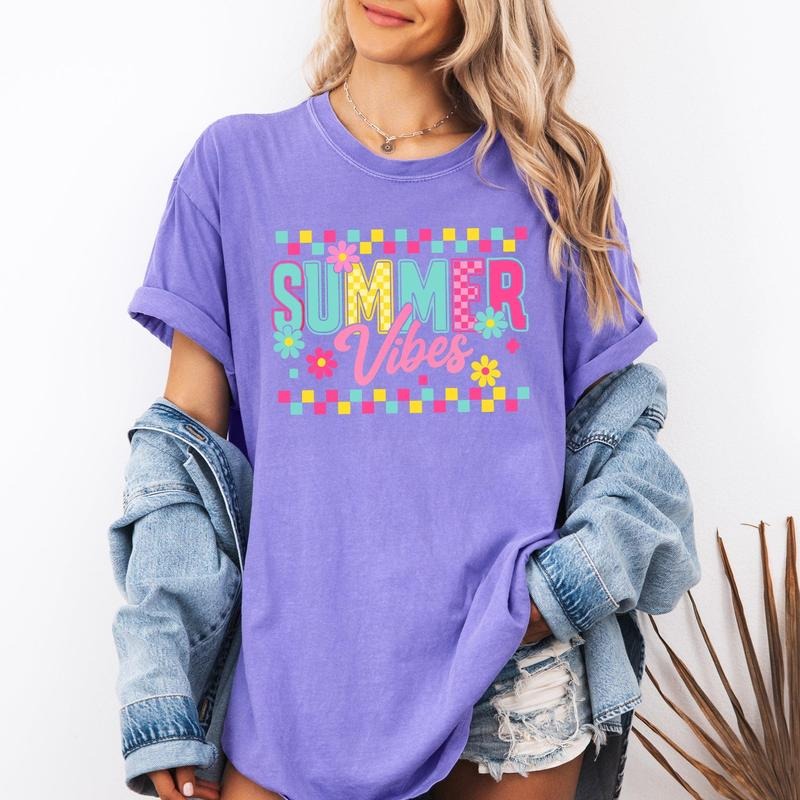 Summer Vibes, Checkered, Retro, Yellow, Flowers, Floral, Comfort Colors T-Shirt, Women's Comfort Colors Tee Hoodie,...