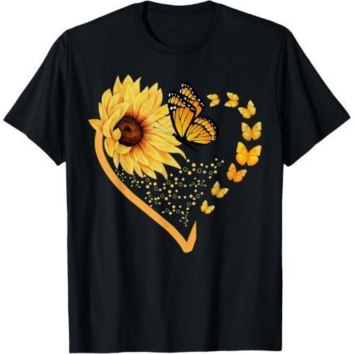 Sunflower Butterfly Heart Summer Floral T-Shirt Made in USA Hoodie, Sweatshirt | GrindPrints.com
